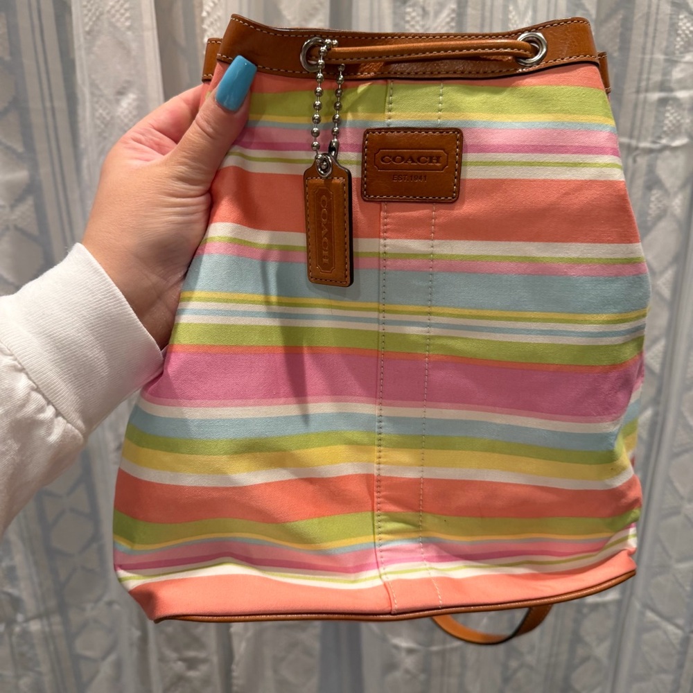 Y2k Vtg Coach Pastel Multicolor Stripe Drawstring Backpack Leather F13554